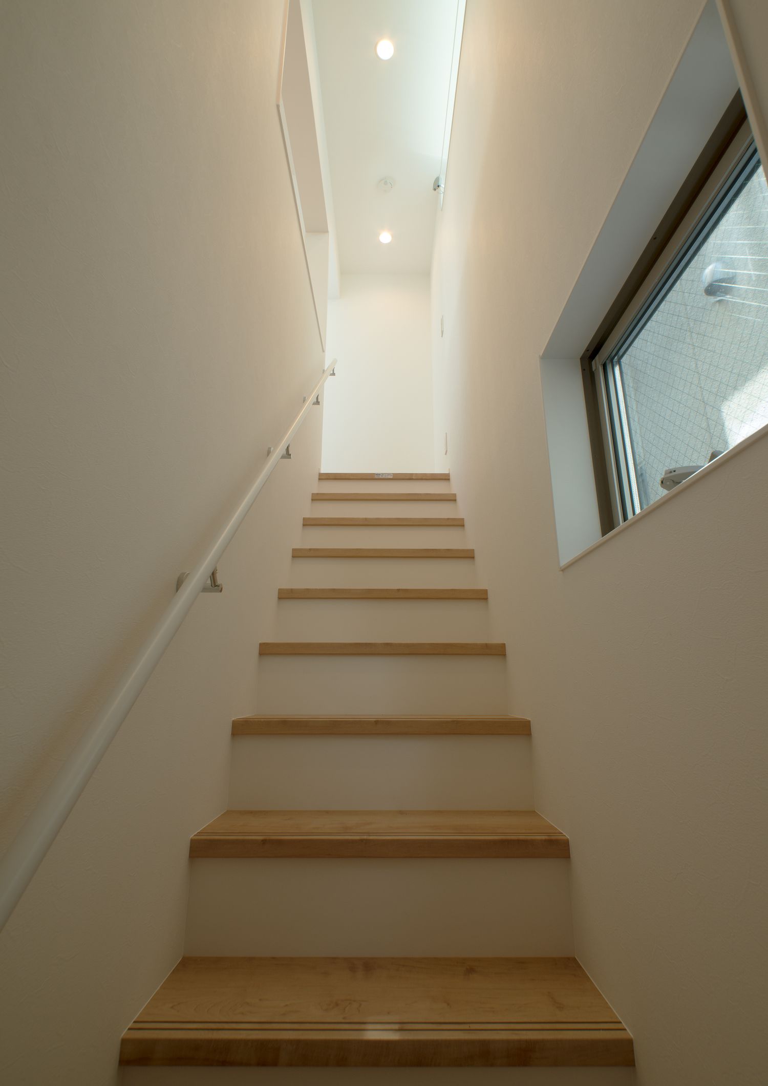 壁に窓を取り付けた木の箱型階段の階段室・デザイン住宅 注文住宅・デザイン住宅建築実例_『CASE549 招きの家』_階段