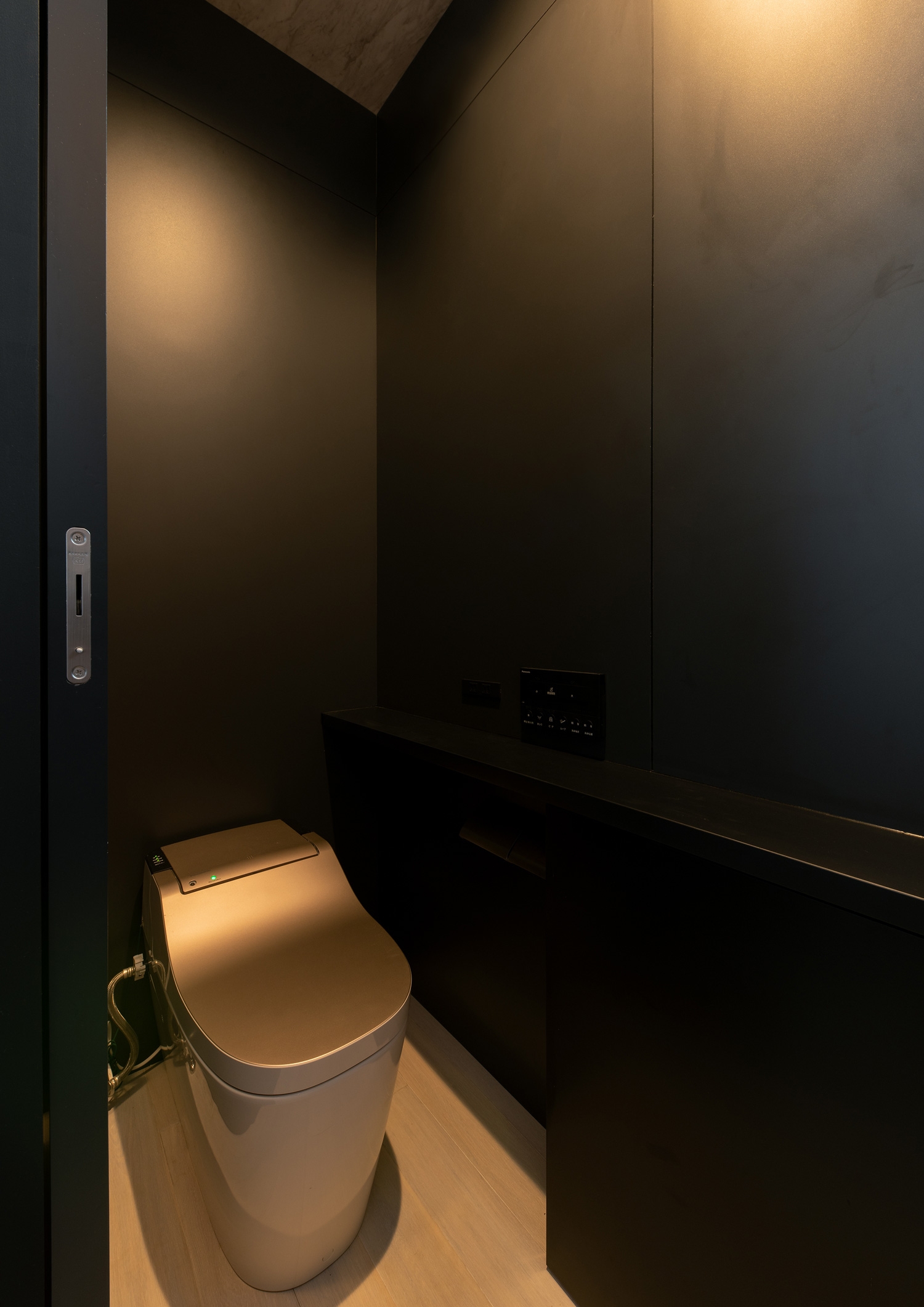 黒い壁でゴールドの便器がある空間・デザイン住宅 注文住宅・デザイン住宅建築実例_『CASE653 せんのいえ』_トイレ