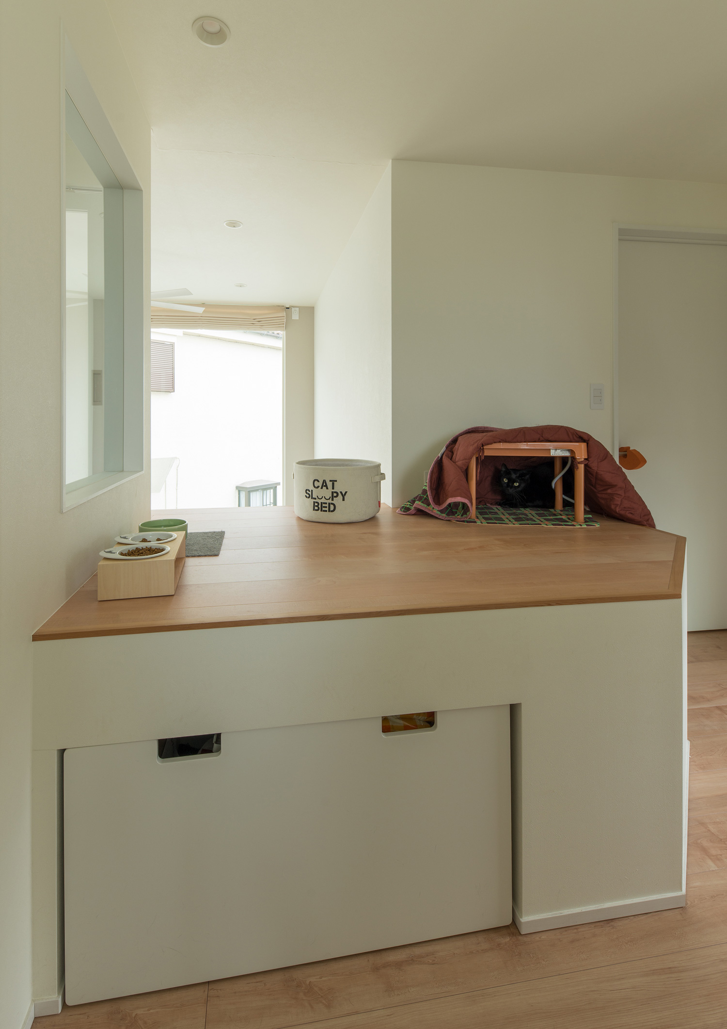 収納が設けられた猫のベッドやご飯置き場があるスペース・デザイン住宅 注文住宅・デザイン住宅建築実例_『CASE580 cherishing house』_フリースペース
