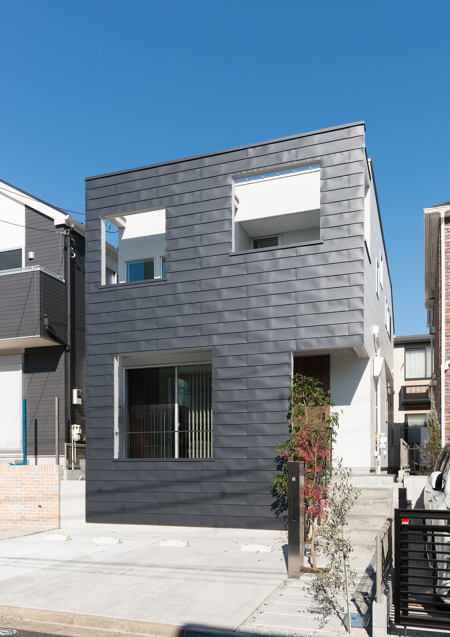 ガルバリウム鋼板の外壁のキューブ状の外観の住宅の前にシンボルツリーがある様子・デザイン住宅 注文住宅・デザイン住宅建築実例_『CASE662 まくのいえ』_外観