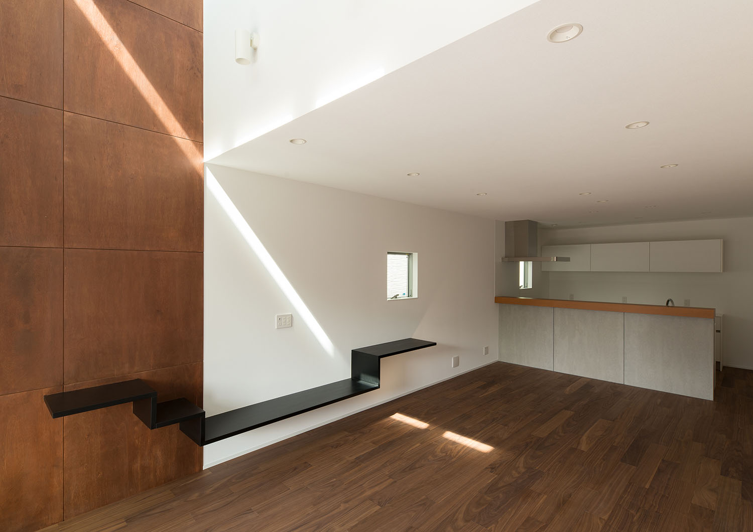 吹き抜けになったフローリングのLDKに黒い壁付け棚が設けられている様子・デザイン住宅 注文住宅・デザイン住宅建築実例_『CASE662 まくのいえ』_LDK