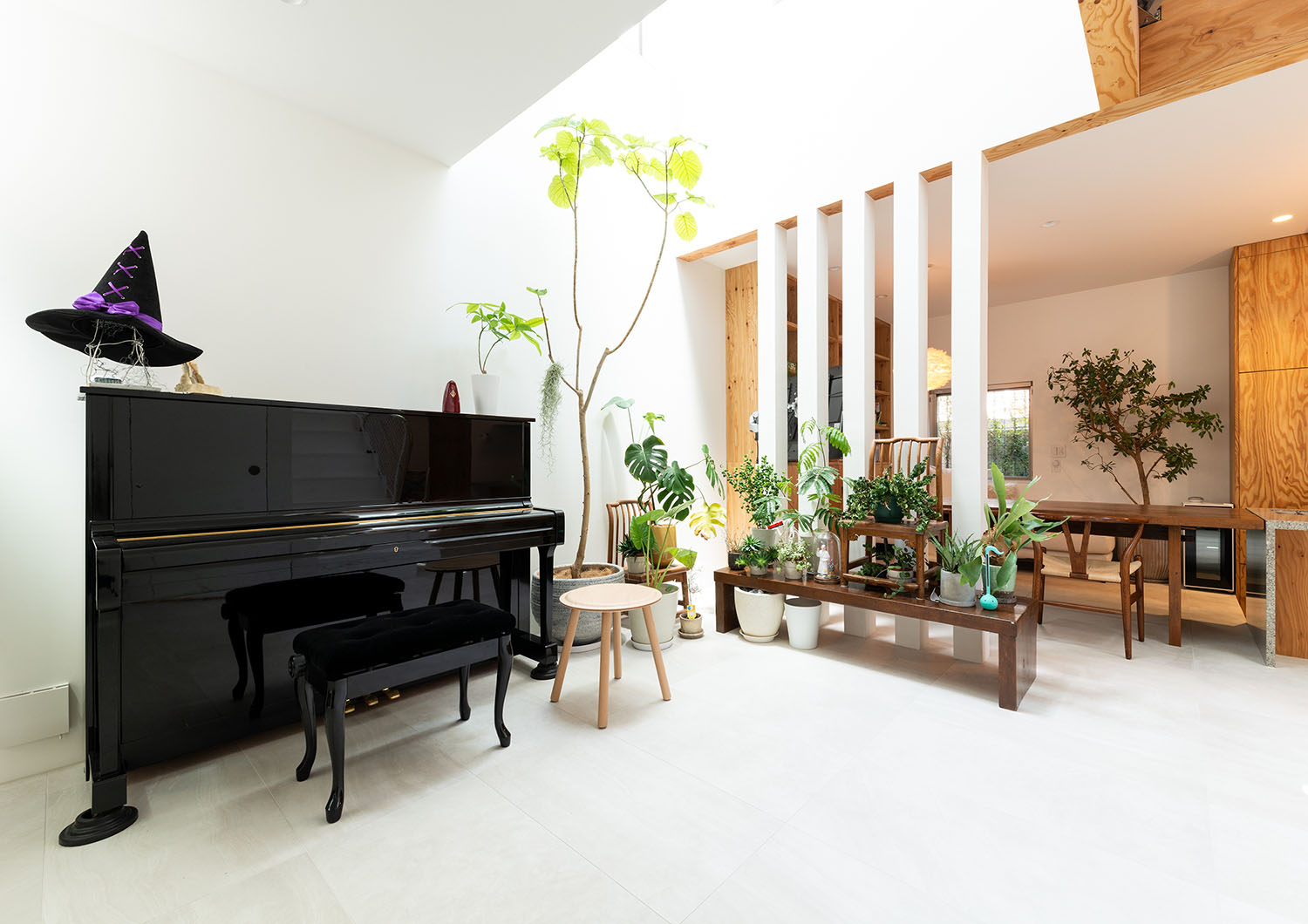 観葉植物を飾ったそばにピアノが置かれた部屋・デザイン住宅 注文住宅・デザイン住宅建築実例_『CASE665 LUCE』_LDK