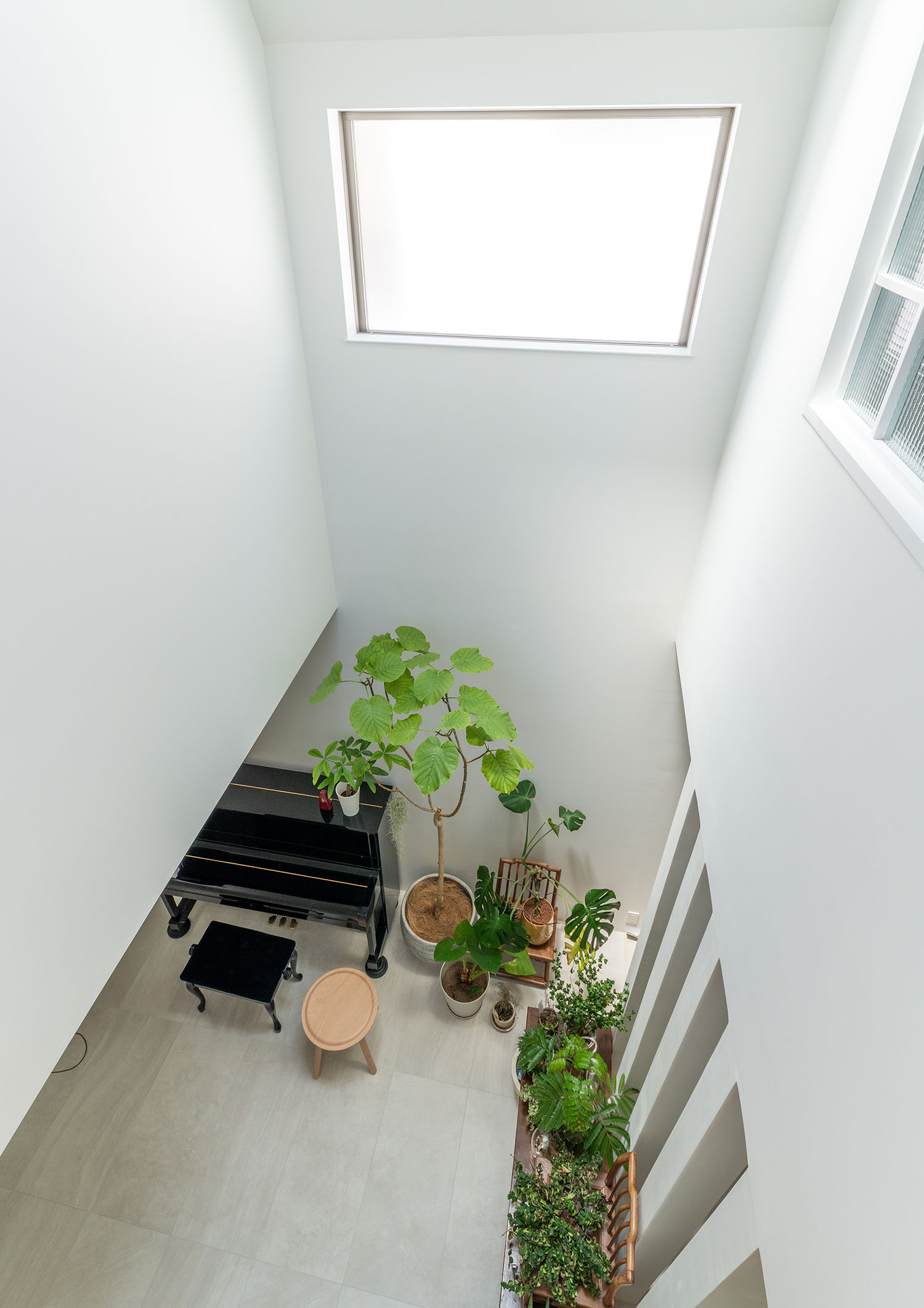 窓を設けた吹き抜けから観葉植物がある一階を見下ろした様子・デザイン住宅 注文住宅・デザイン住宅建築実例_『CASE665 LUCE』_LDK