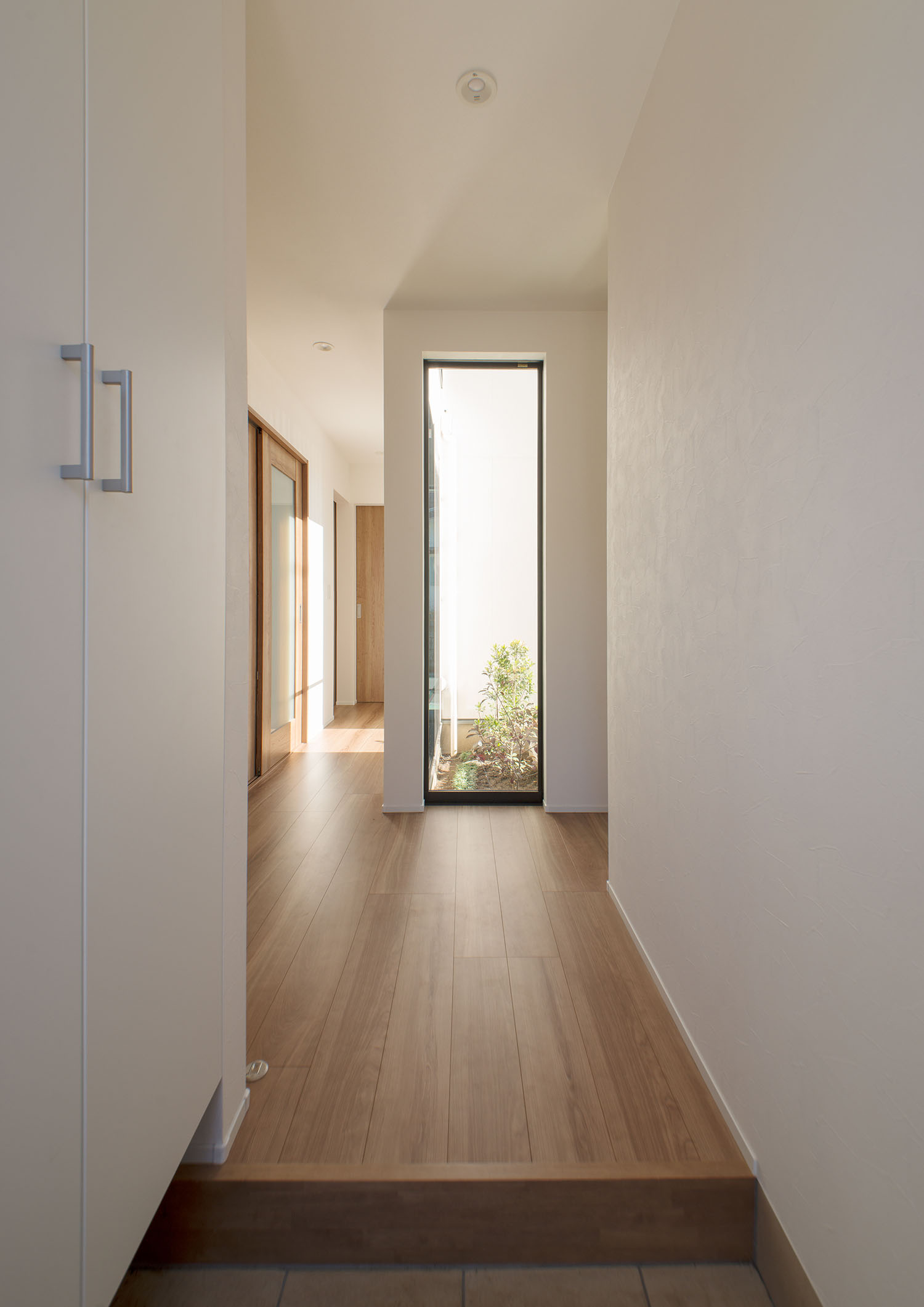 玄関の正面に縦長のスリット窓がある様子・デザイン住宅 注文住宅・デザイン住宅建築実例_『CASE677 中庭が繋ぐ家族の気配』_玄関