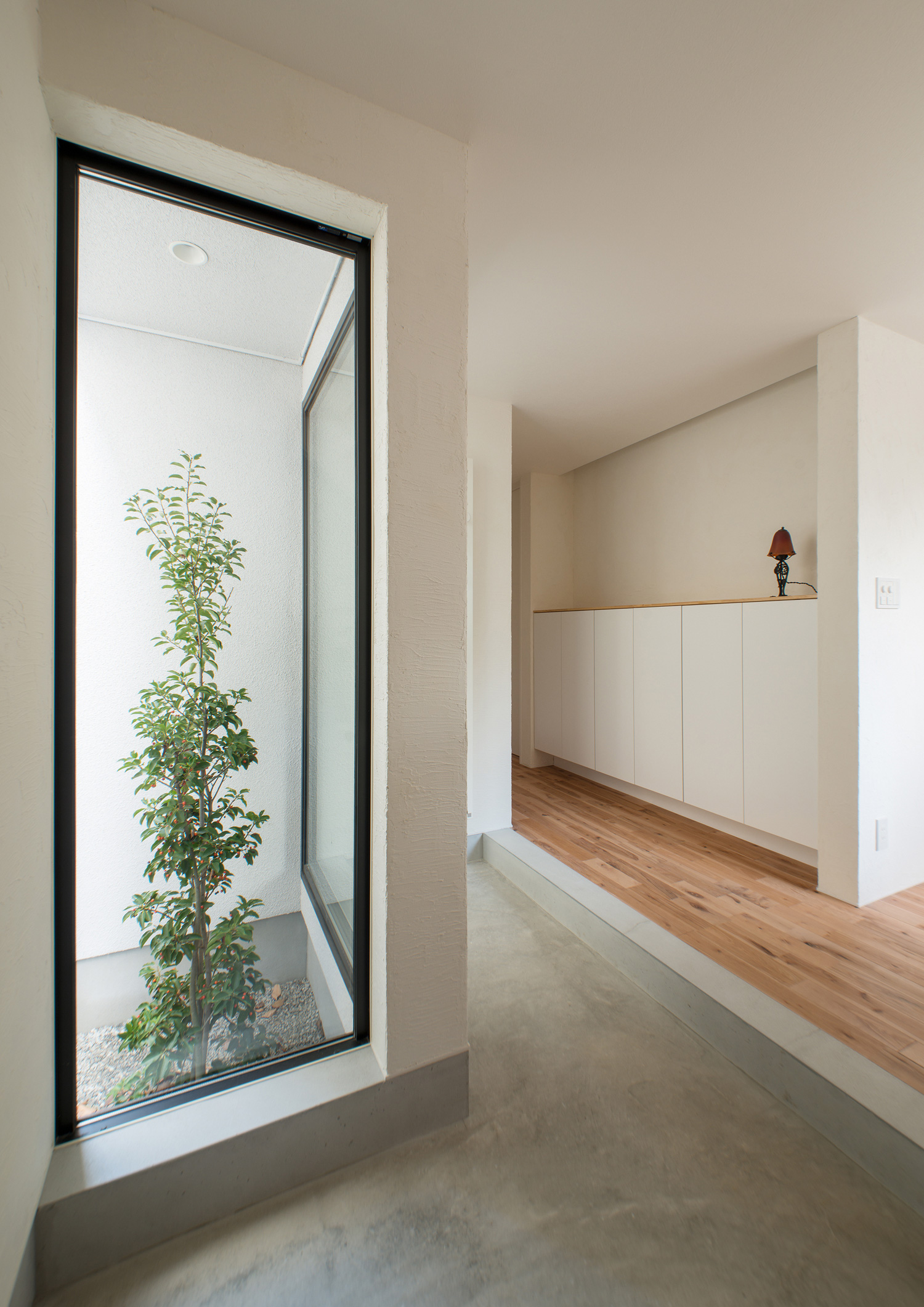 スリット窓から植栽が見える、広いモルタルの土間玄関・デザイン住宅 注文住宅・デザイン住宅建築実例_『CASE541 寄棟天井のある家』_玄関