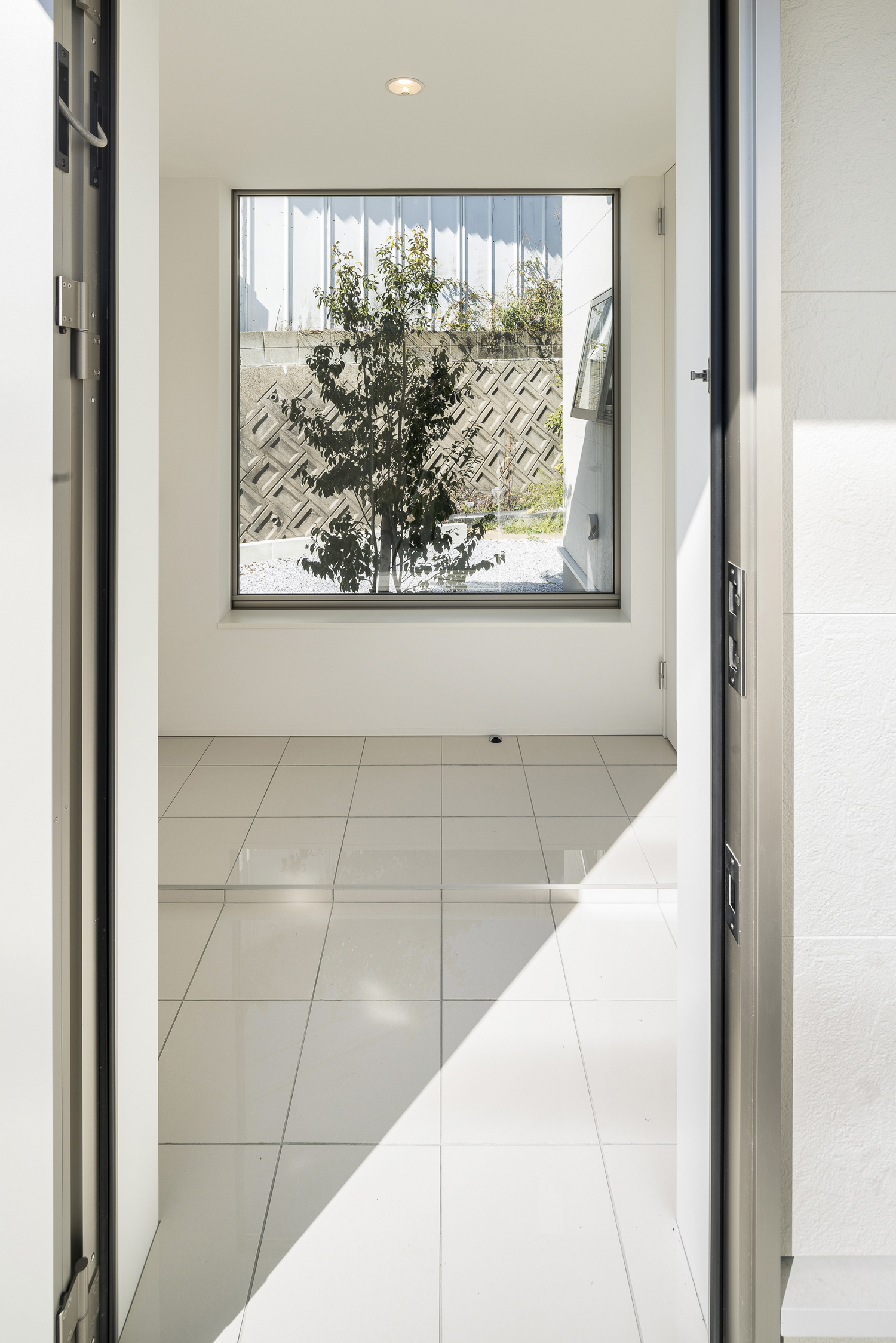 正面に植栽の見える窓がある白いタイルの玄関・デザイン住宅 注文住宅・デザイン住宅建築実例_『CASE567 lokki』_玄関