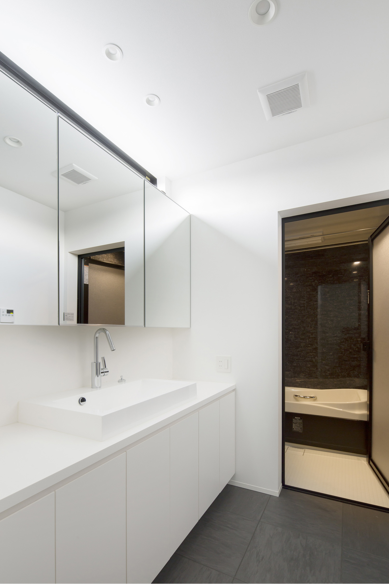 白でまとめられた洗面所の奥にある、黒い壁の浴室・デザイン住宅 注文住宅・デザイン住宅建築実例_『CASE603 Flügel』_浴室・洗面所