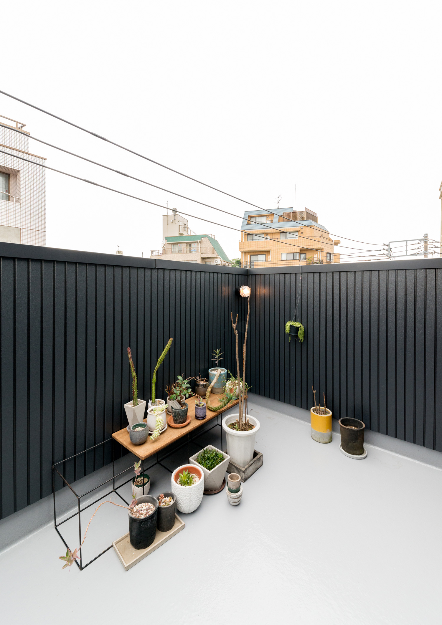 観葉植物が置かれた黒い目隠し壁を設けたルーフバルコニー・デザイン住宅 注文住宅・デザイン住宅建築実例_『CASE612 たなのいえ』_テラス・バルコニー