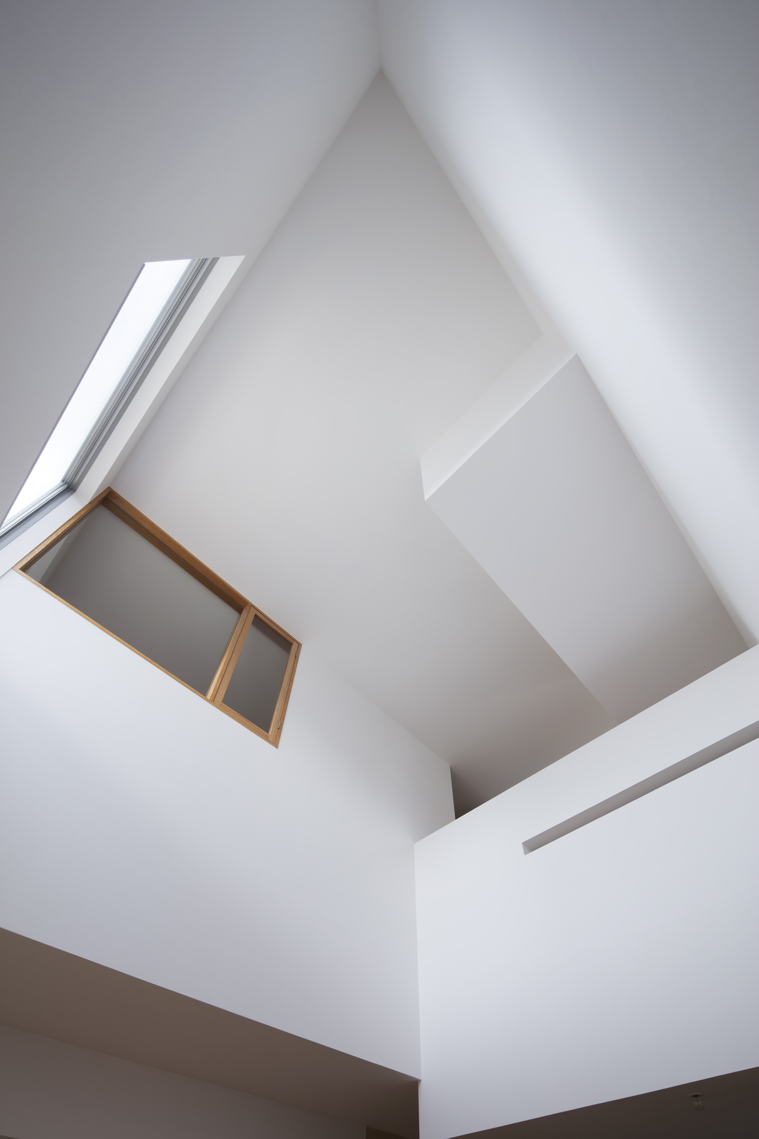 窓が設けられた吹き抜けを見上げた様子・デザイン住宅 注文住宅・デザイン住宅建築実例_『CASE619 Hoccori』_LDK