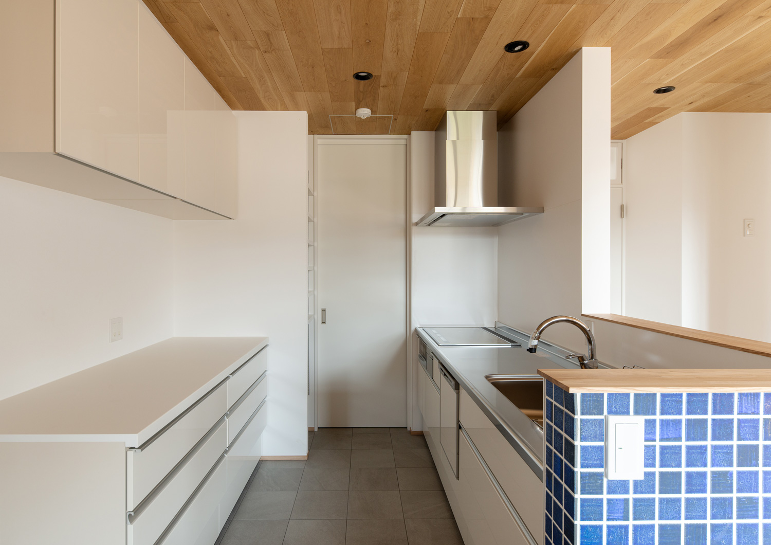 奥に扉が設けられた腰壁付きのキッチン・デザイン住宅 注文住宅・デザイン住宅建築実例_『CASE620 継承する家』_キッチン