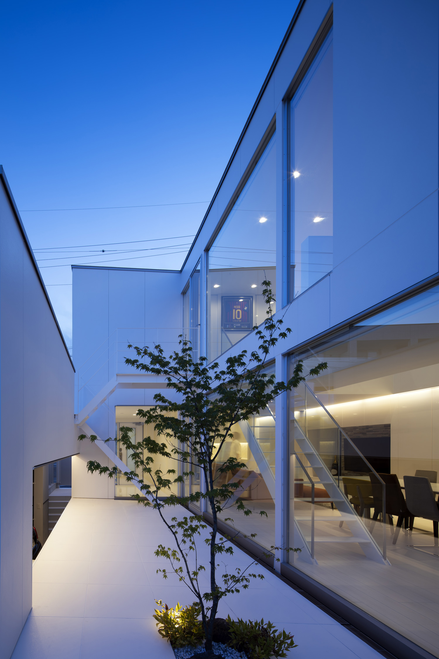 シンボルツリーが照明に照らされる、白い壁に囲まれた中庭・デザイン住宅 注文住宅・デザイン住宅建築実例_『CASE627 HOUSE . GARAGE HOUSE』_中庭