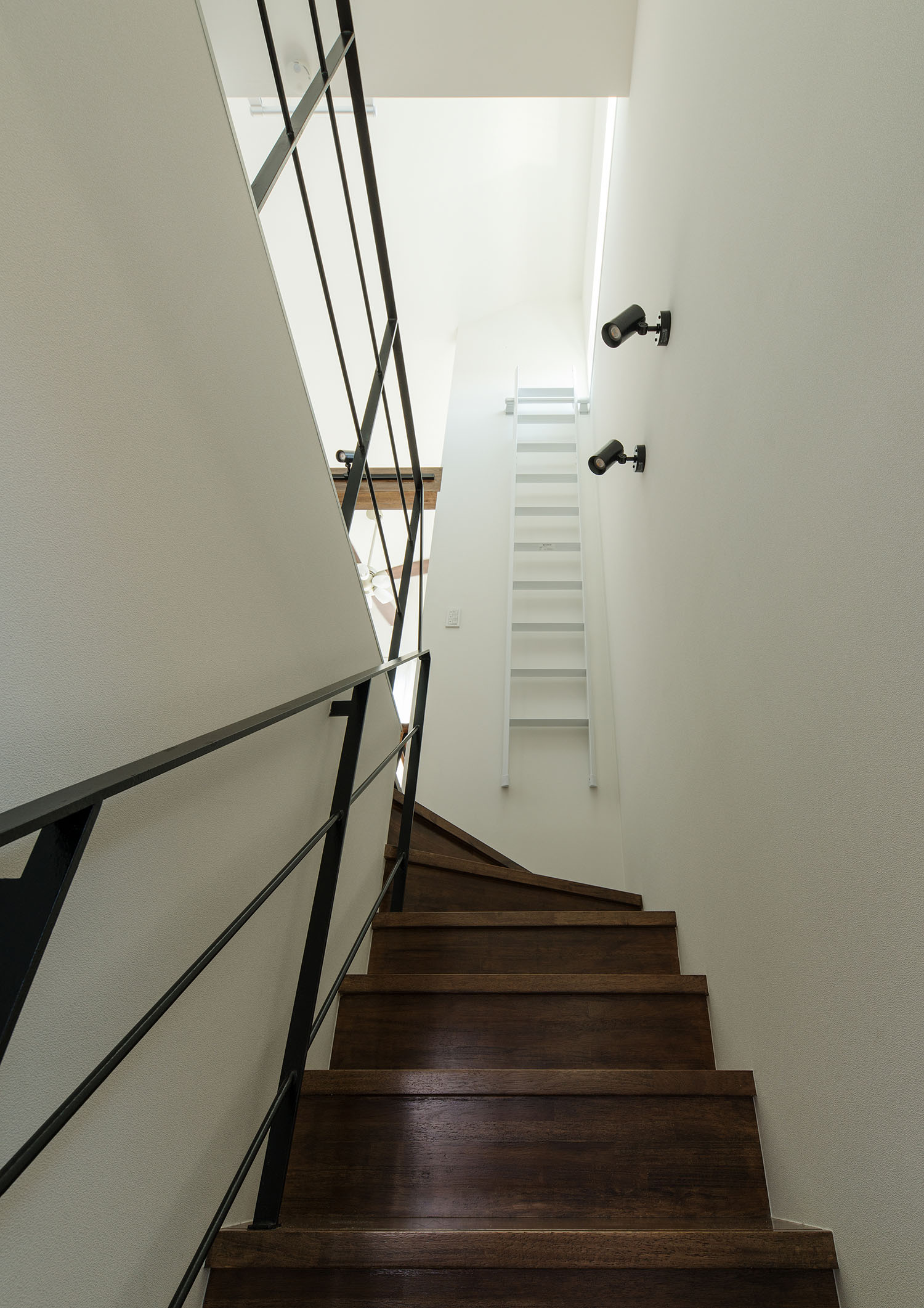 木製の箱型階段を上がった先の壁にはしごが収納されている様子・デザイン住宅 注文住宅・デザイン住宅建築実例_『CASE594 TOOL BOX』_階段