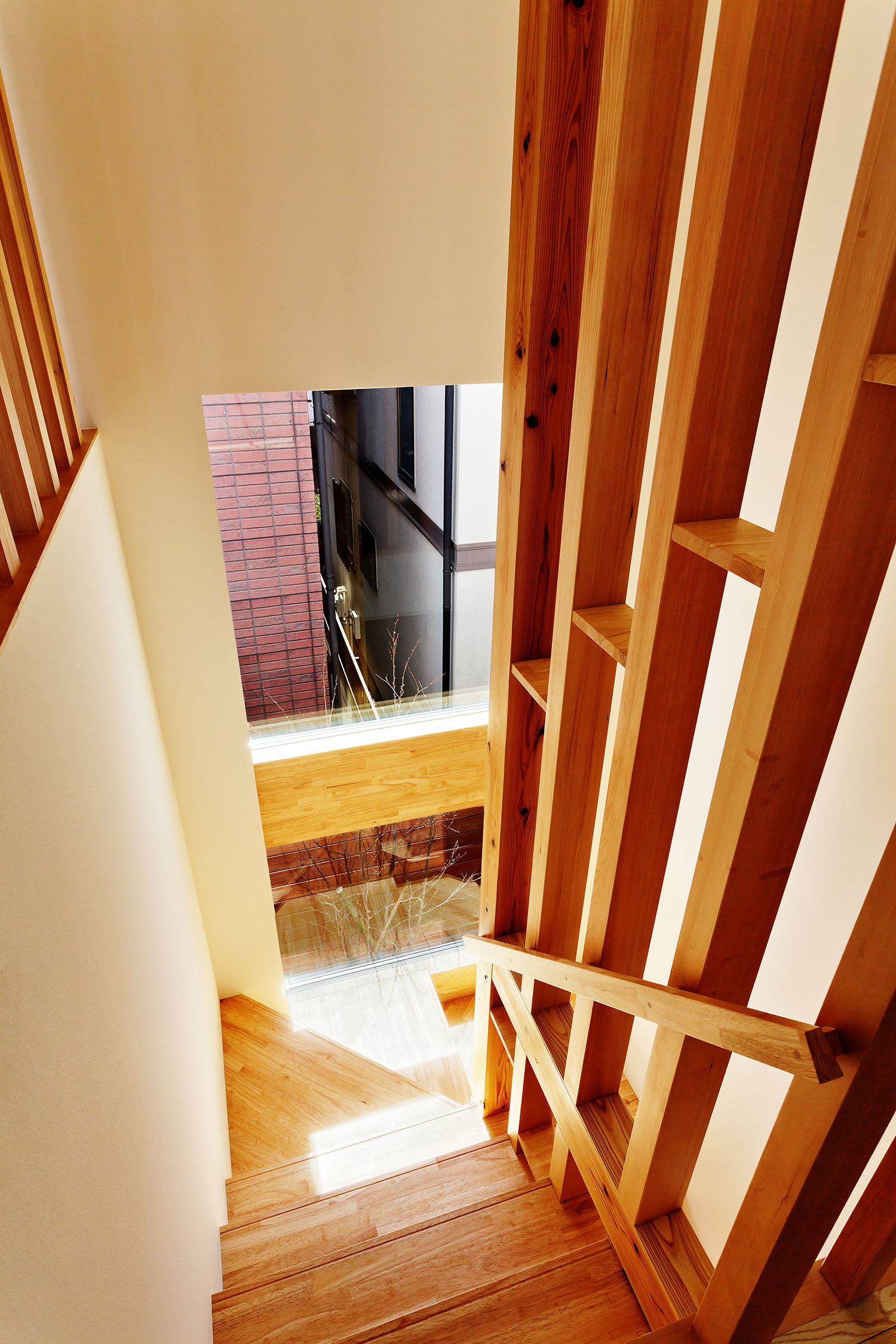 階段の窓から中庭の植栽が見える様子・デザイン住宅 注文住宅・デザイン住宅建築実例_『CASE618 陽が射す家』_階段