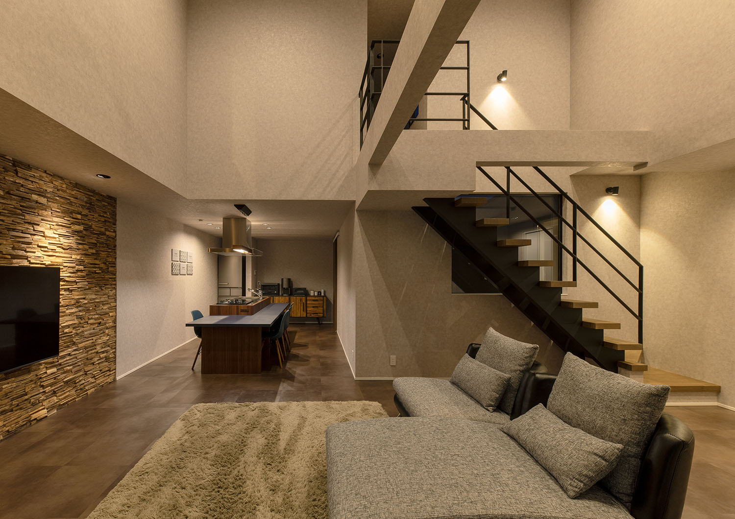 間接照明によって照らされるLDK・デザイン住宅 注文住宅・デザイン住宅建築実例_『CASE695 メガホンハウス』_LDK