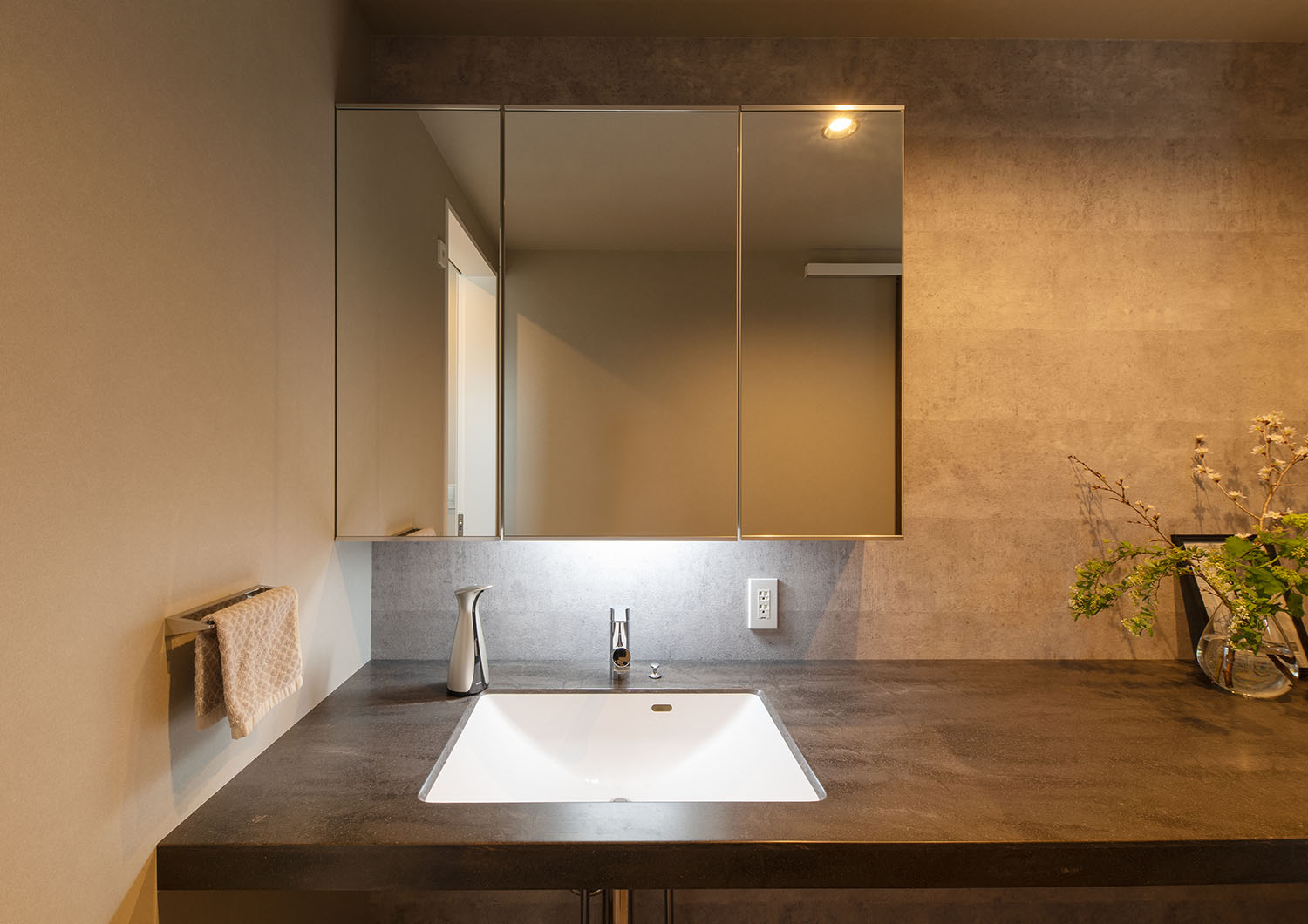 壁にタオル掛けが取り付けられた造作洗面台のある洗面所・デザイン住宅 注文住宅・デザイン住宅建築実例_『CASE695 メガホンハウス』_浴室・洗面所