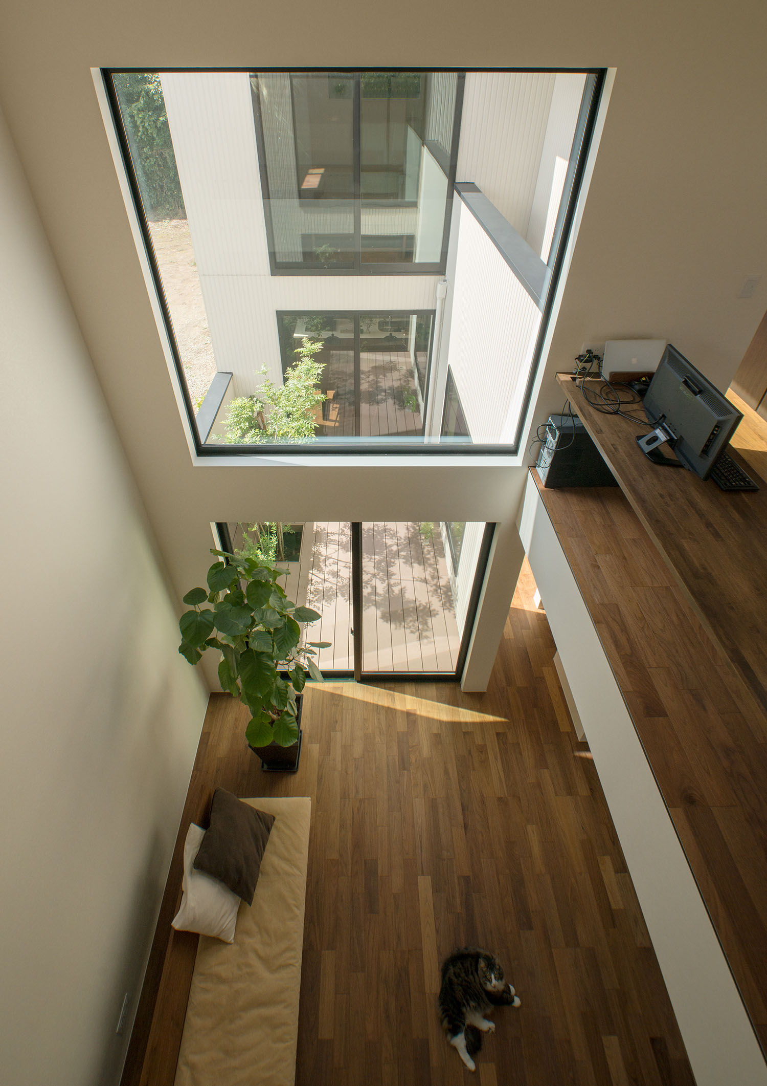 吹き抜けから一階を見下ろした様子・デザイン住宅 注文住宅・デザイン住宅建築実例_『CASE696 tongari house』_LDK