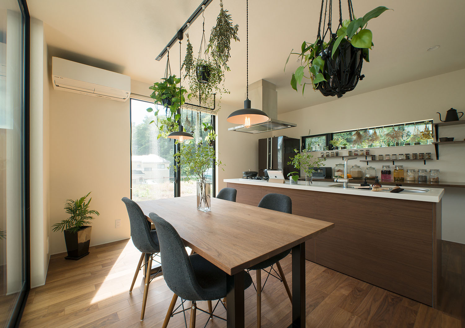 天井から観葉植物が吊り下げられたLDK・デザイン住宅 注文住宅・デザイン住宅建築実例_『CASE696 tongari house』_LDK