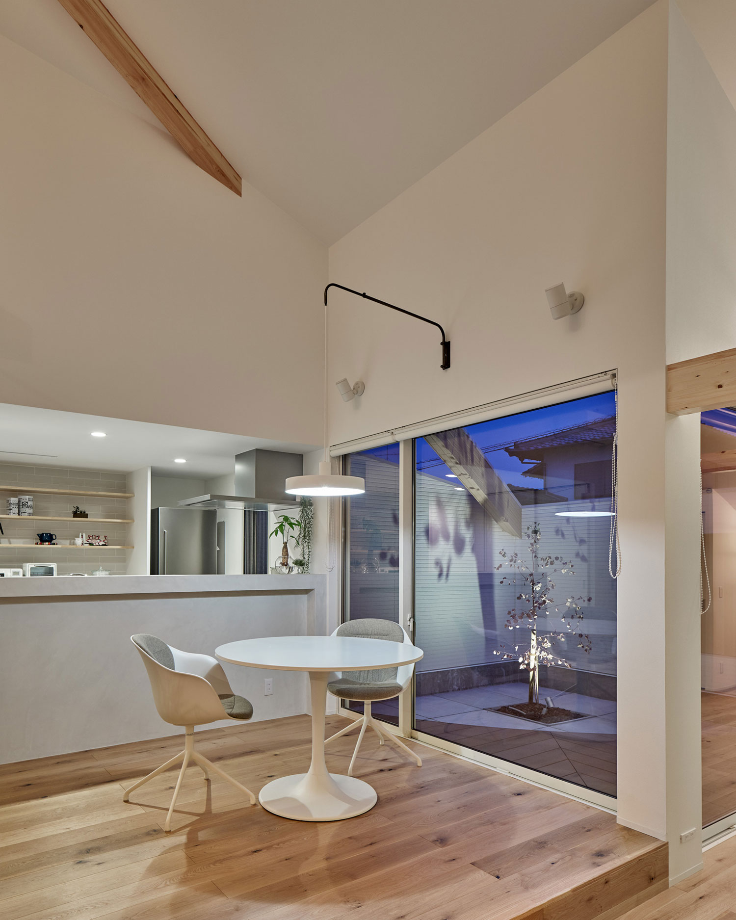 LDKから、間接照明によって照らされた中庭の植栽が見える様子・フリーダムアーキテクツの事例 注文住宅・デザイン住宅建築実例_『CASE702 yacht』_LDK