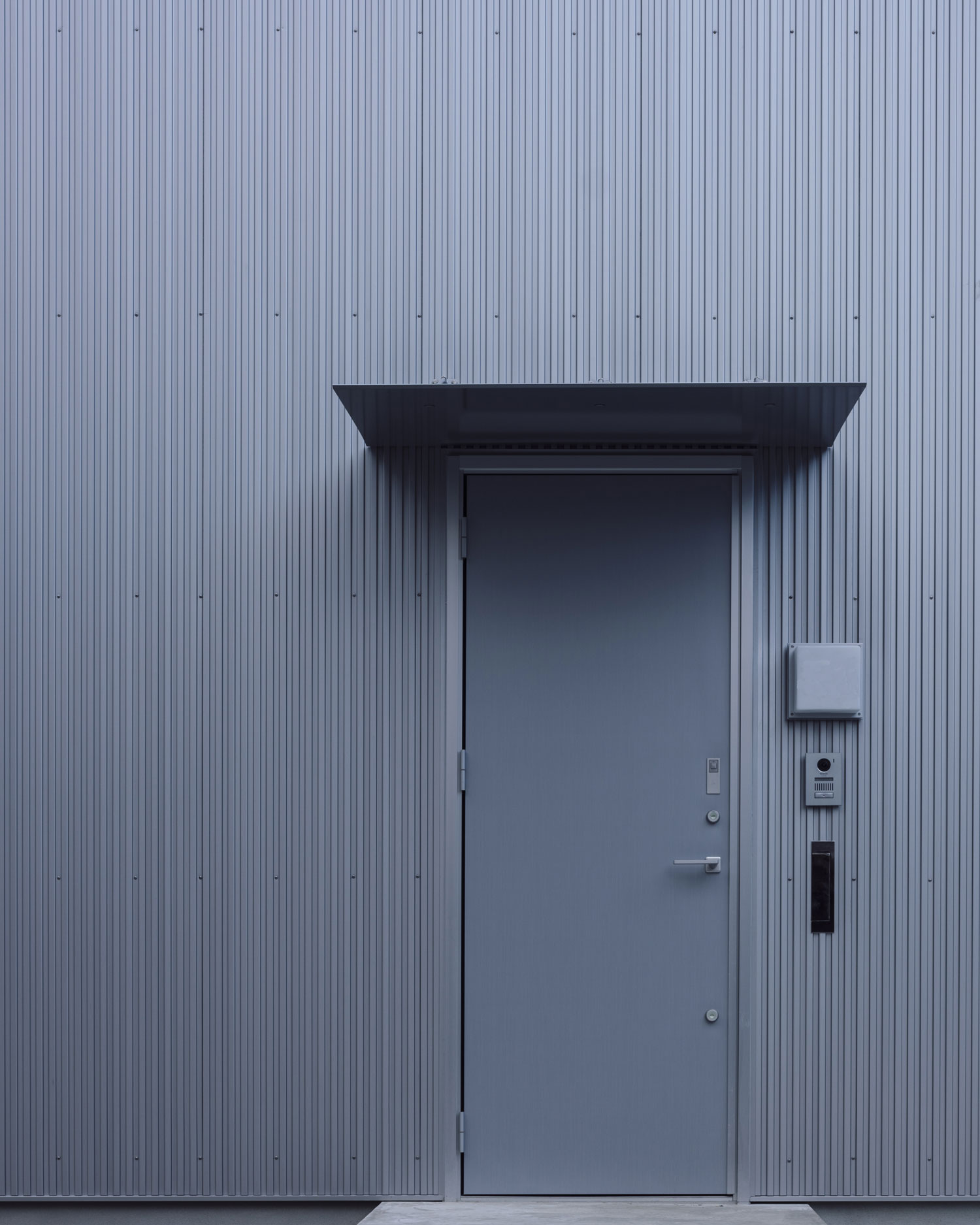 庇がついたシルバーの玄関扉・フリーダムアーキテクツの事例 注文住宅・デザイン住宅建築実例_『CASE703 /』_外観