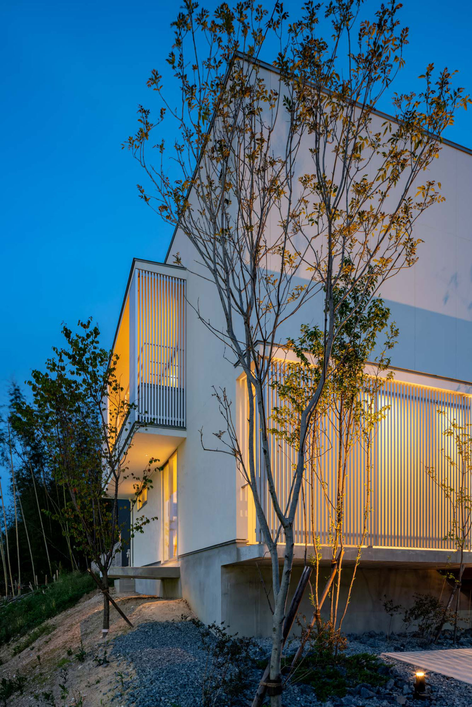 ルーバーの目隠しから光が漏れる白い外壁の住宅・フリーダムアーキテクツの事例 注文住宅・デザイン住宅建築実例_『CASE704 with a view』_外観