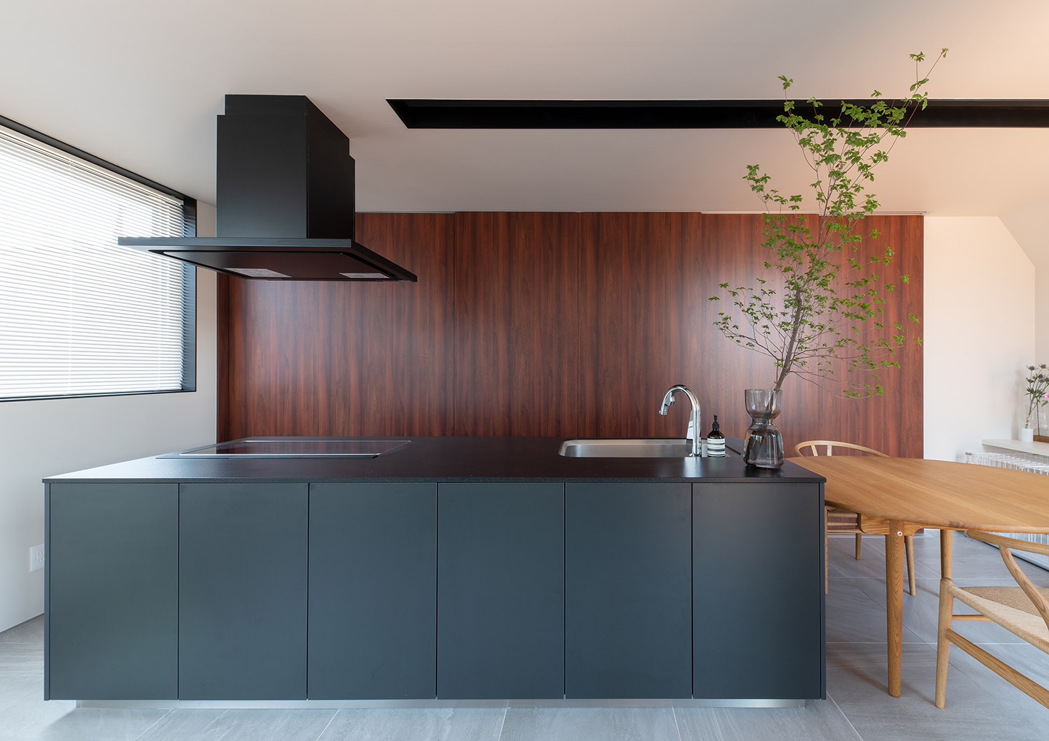 観葉植物が飾られた、黒のアイランドキッチン・フリーダムアーキテクツの事例 注文住宅・デザイン住宅建築実例_『CASE748 バスケットコートのある家』_キッチン