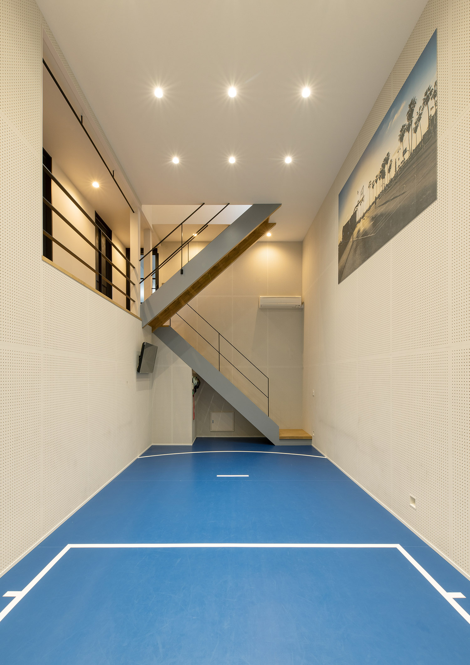 バスケットコートへ降りていく階段・フリーダムアーキテクツの事例 注文住宅・デザイン住宅建築実例_『CASE748 バスケットコートのある家』_バスケットコート